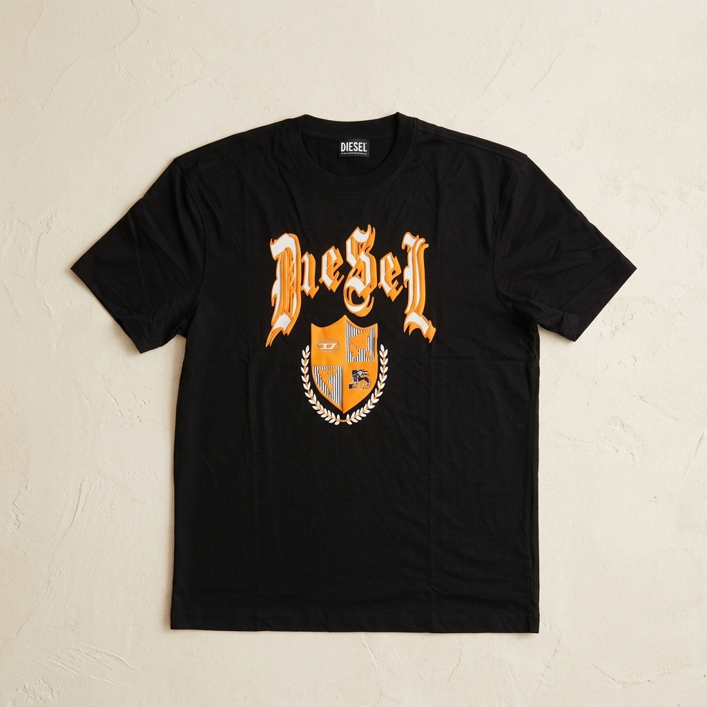 Black Diesel embossed print t-shirt front view on model