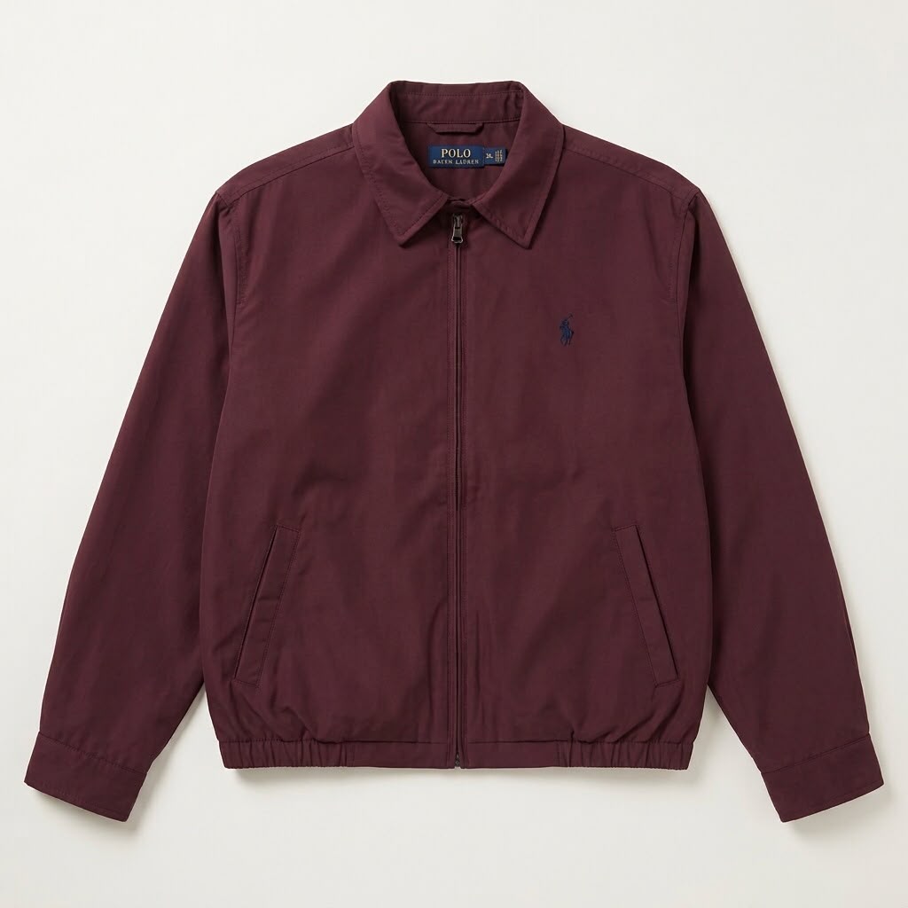 Burgundy micro polyester jacket with point collar, front zip and angled pockets