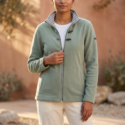 Olive ladies jacket with zip front and decorative toggles