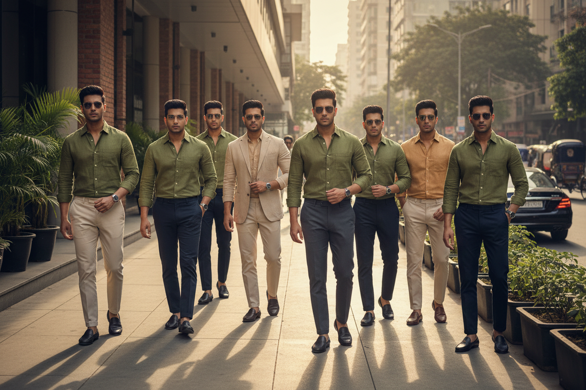 Stylish Bangladeshi men in premium slim-fit linen shirts in olive and camel tones in a contemporary Dhaka urban setting – Arna Fashion