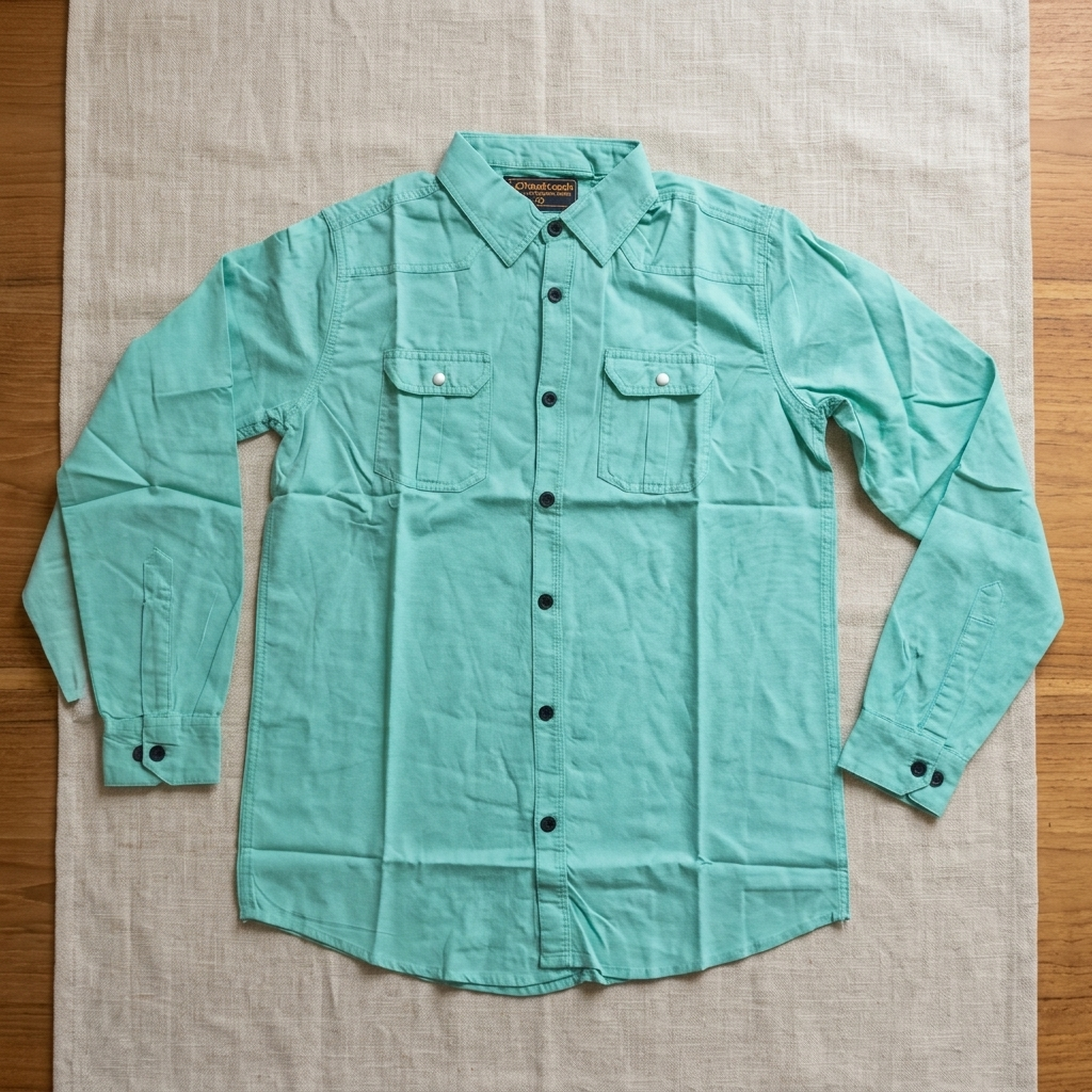 Cyan Oxford cotton men's shirt laid flat showing button front and pockets