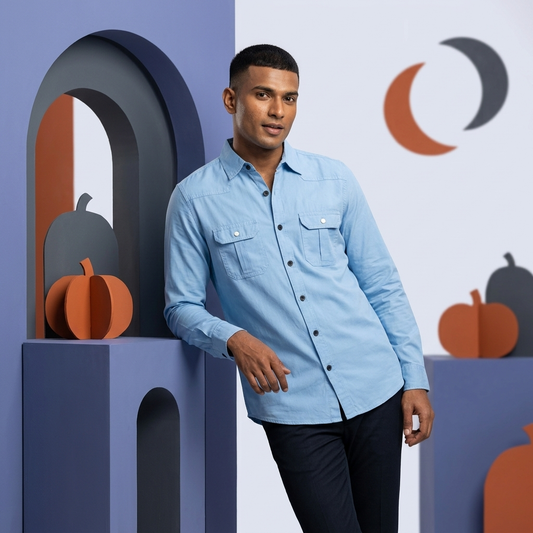 Periwinkle blue Oxford cotton men's shirt laid flat