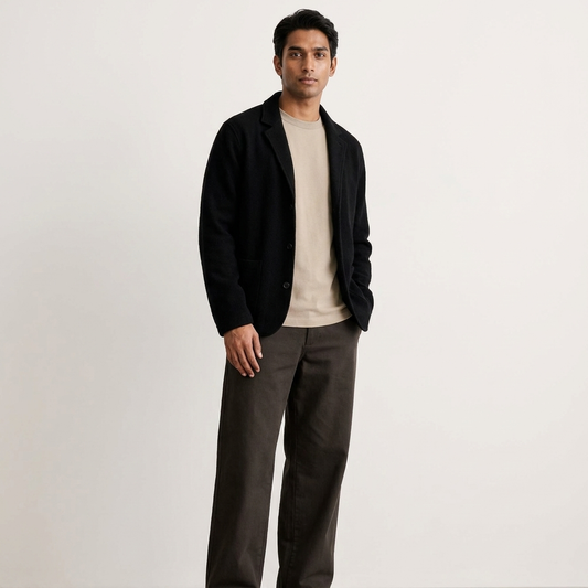 Front view of men's charcoal brown relaxed trousers on a model