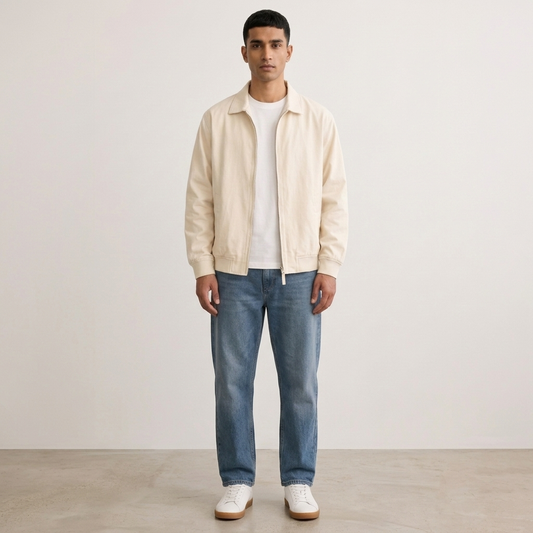Front view of a men's beige lightweight zip jacket
