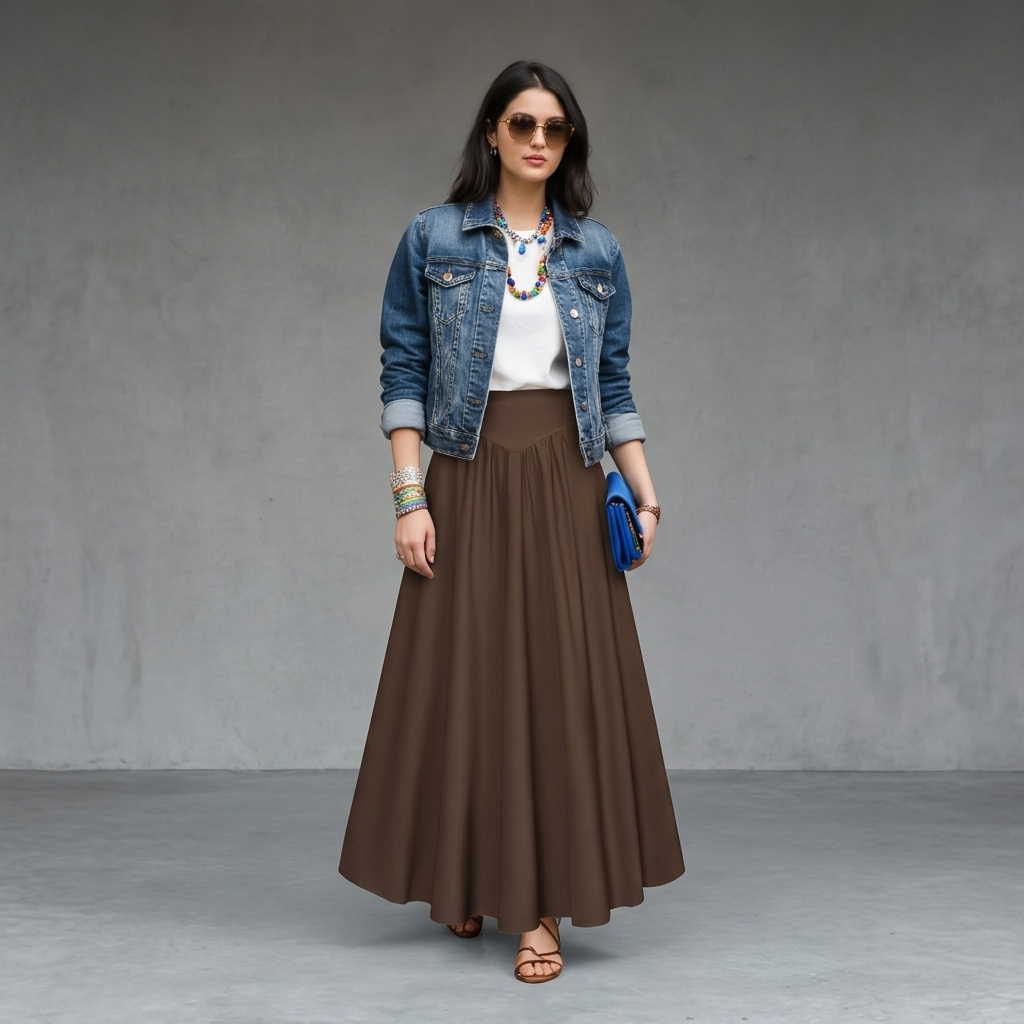 Woman wearing a brown flowing maxi skirt