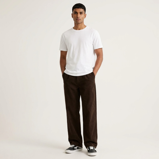 Front view of men's brown wide-leg trousers on a model