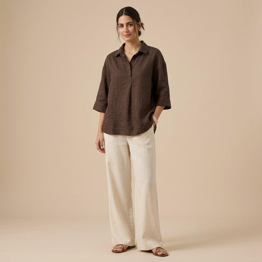 Model wearing a dark brown relaxed collared short-sleeve shirt