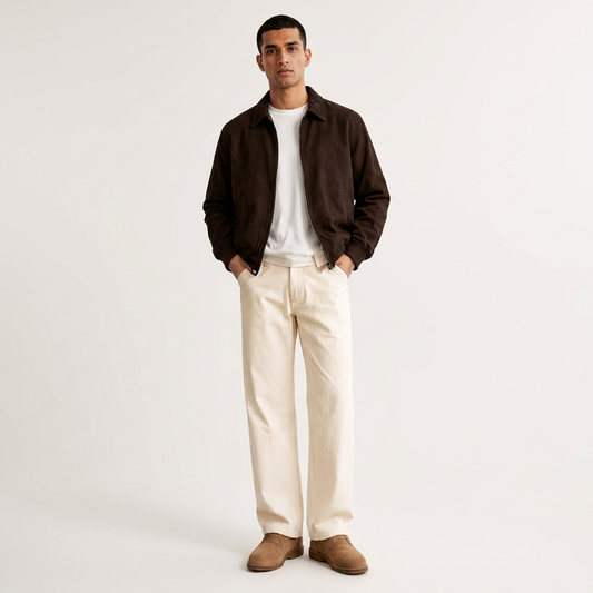 Front view of men's cream relaxed fit trousers on a model