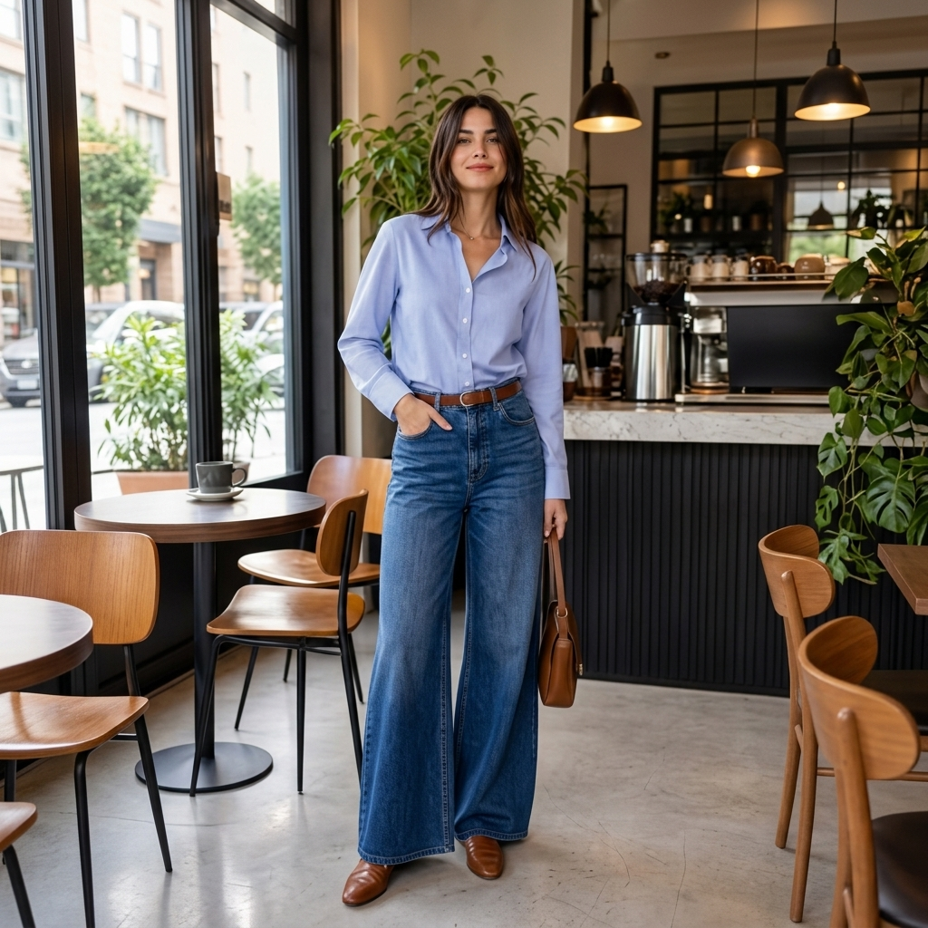 Model wearing women’s mid-wash wide-leg jeans with a blue shirt