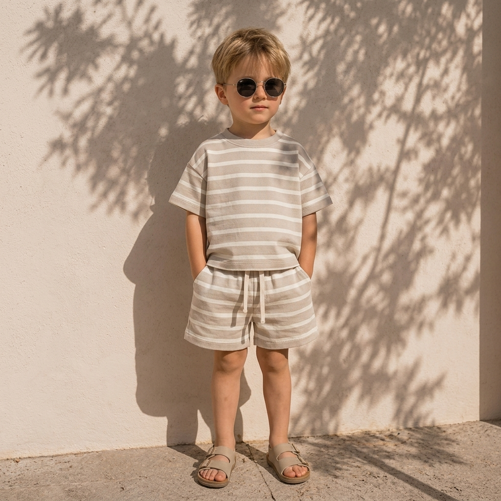 Child wearing a striped t-shirt and matching shorts set