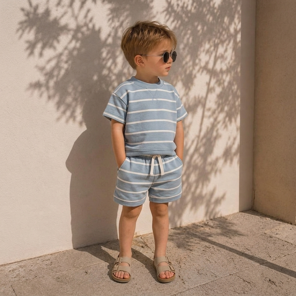 Child wearing a blue striped t-shirt and matching shorts set