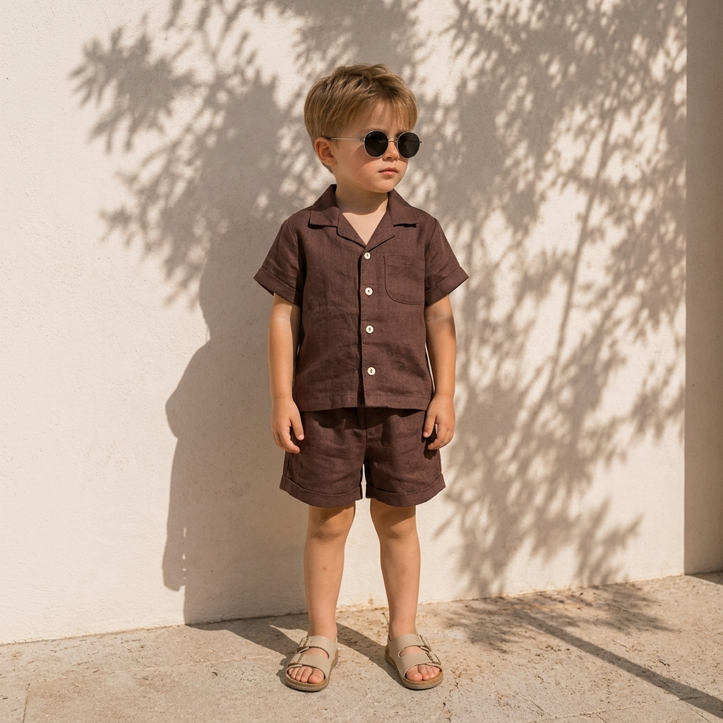 Child wearing a brown button-up shirt and matching shorts set