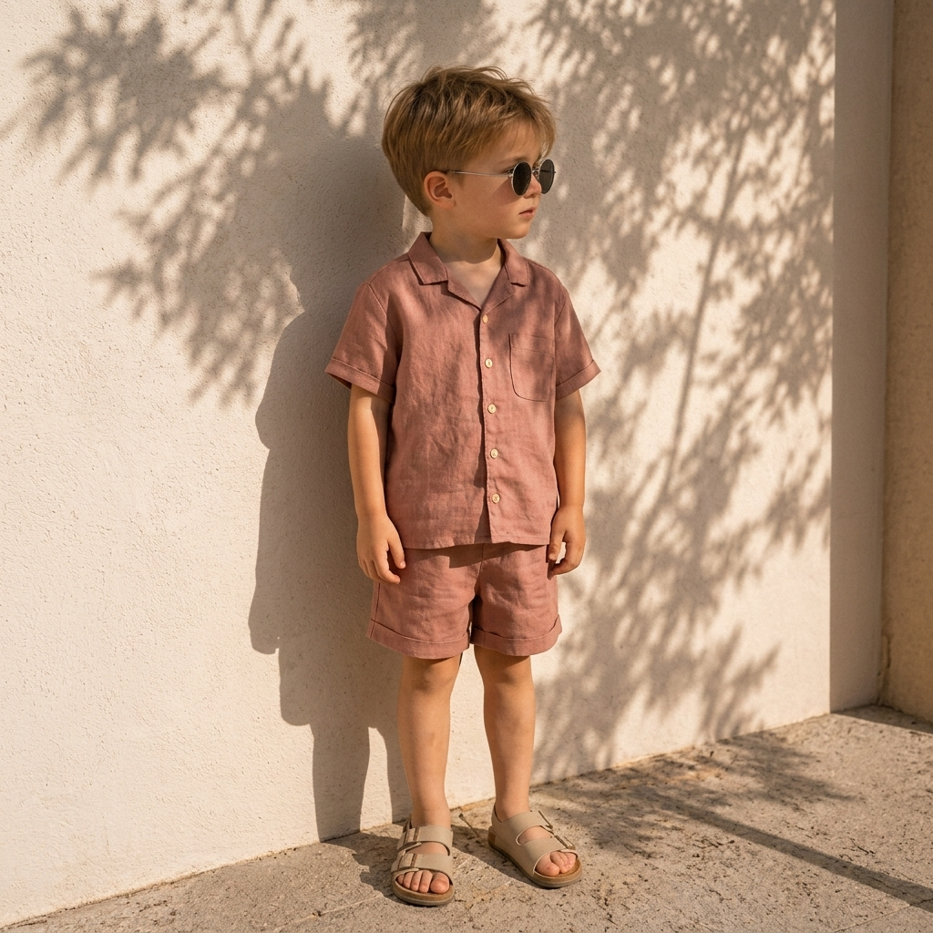 Child wearing a dusty rose button-up shirt and matching shorts set