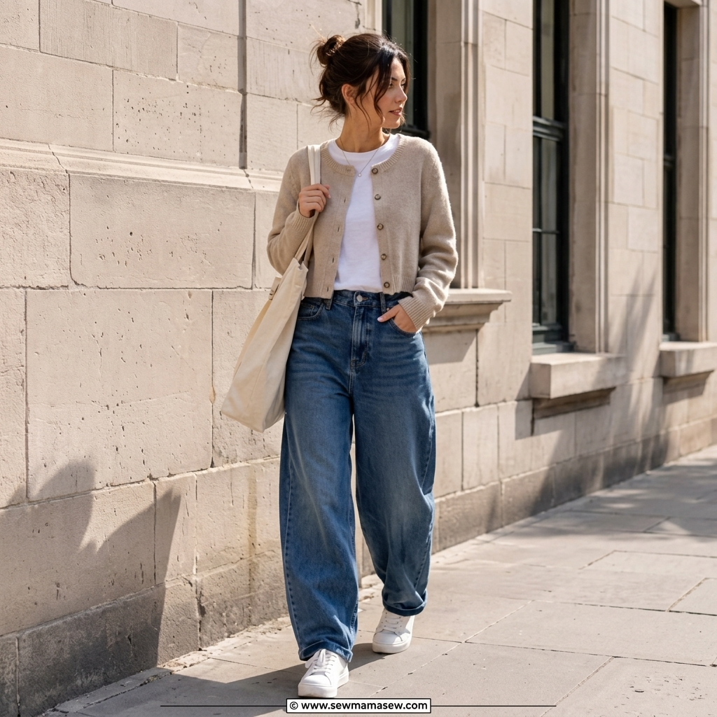 Model wearing women’s wide-leg blue jeans in blue denim