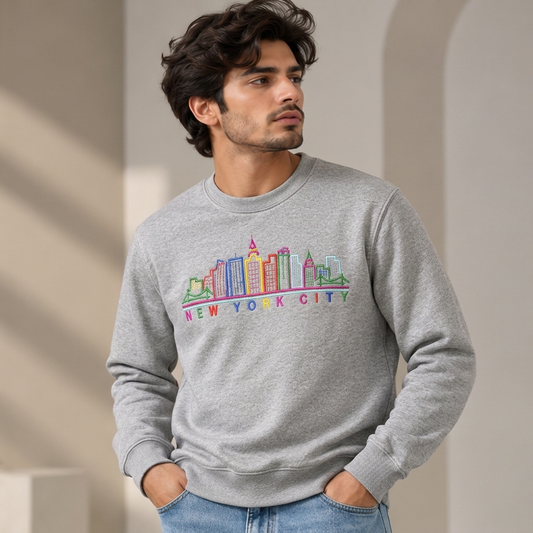 Men’s New York City Skyline Embroidered Cotton Fleece Sweatshirt - Grey