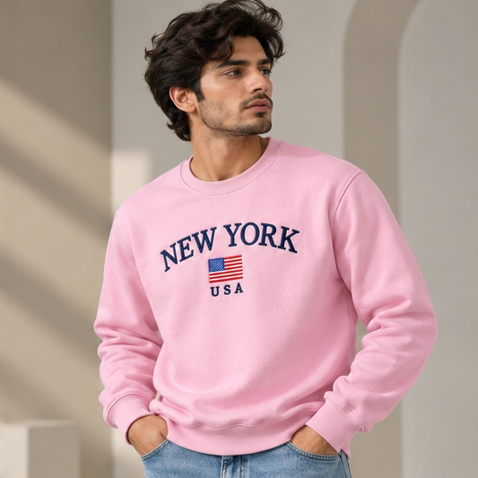 Men’s New York USA Embroidered Cotton Fleece Sweatshirt - Pink