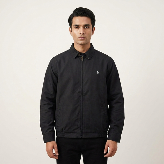 Model wearing a black Ralph Lauren men's jacket