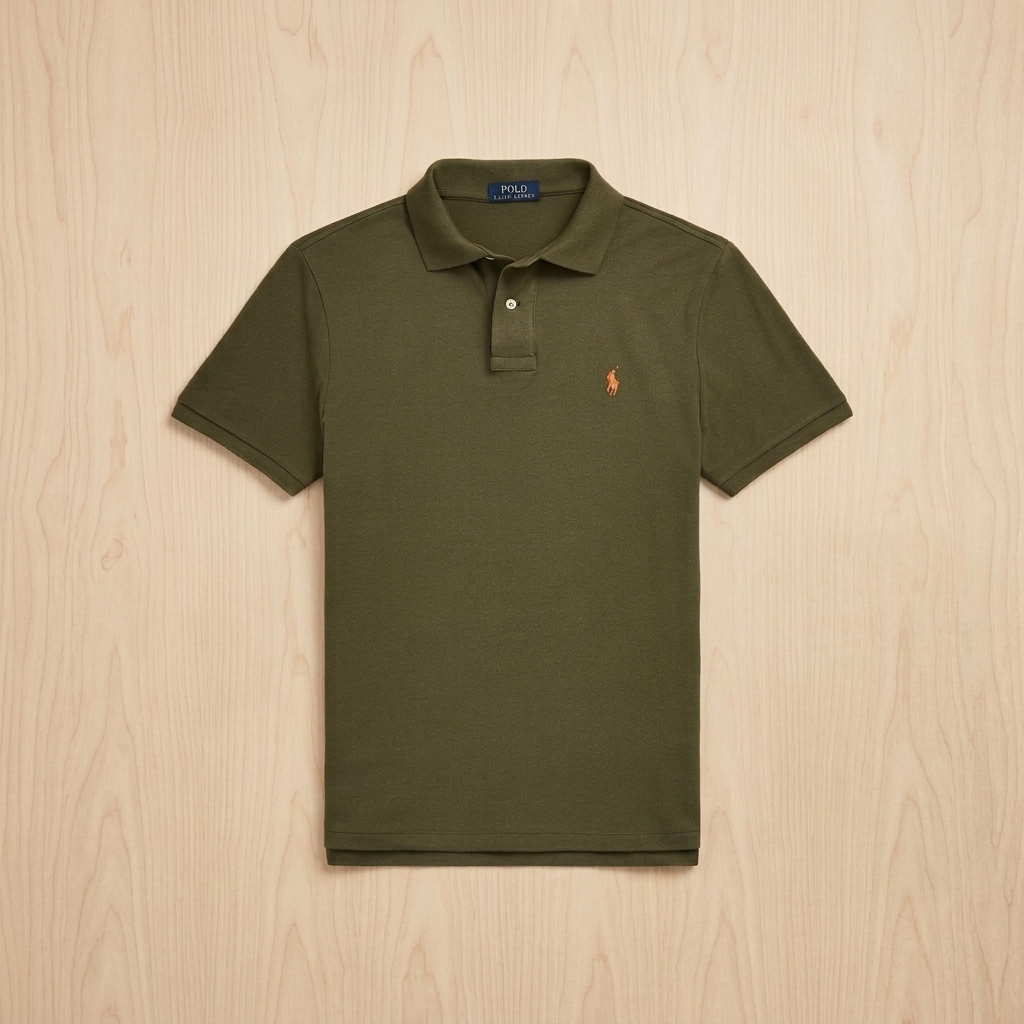 Model wearing a Canopy Olive Ralph Lauren polo shirt with neutral trousers