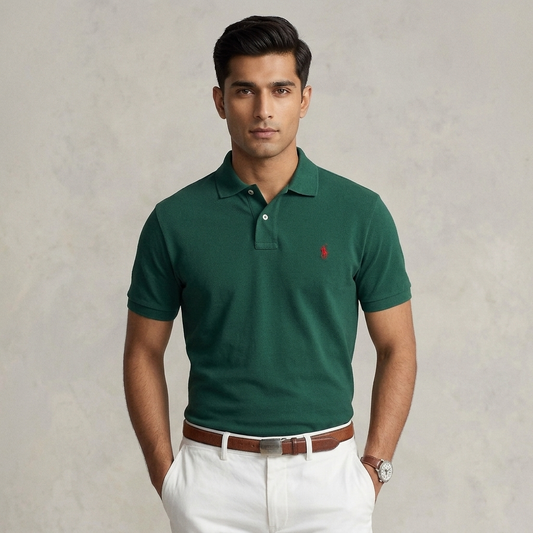 Front view of a College Green Ralph Lauren polo shirt