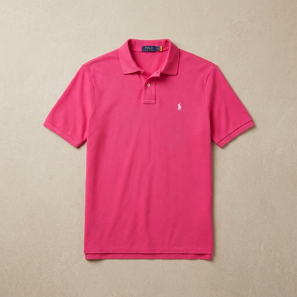 Model wearing a Hot Pink Ralph Lauren polo shirt with white trousers