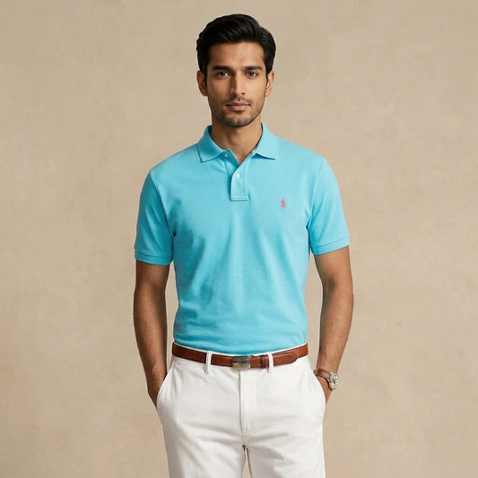 Model wearing a turquoise nova Ralph Lauren polo shirt with black trousers