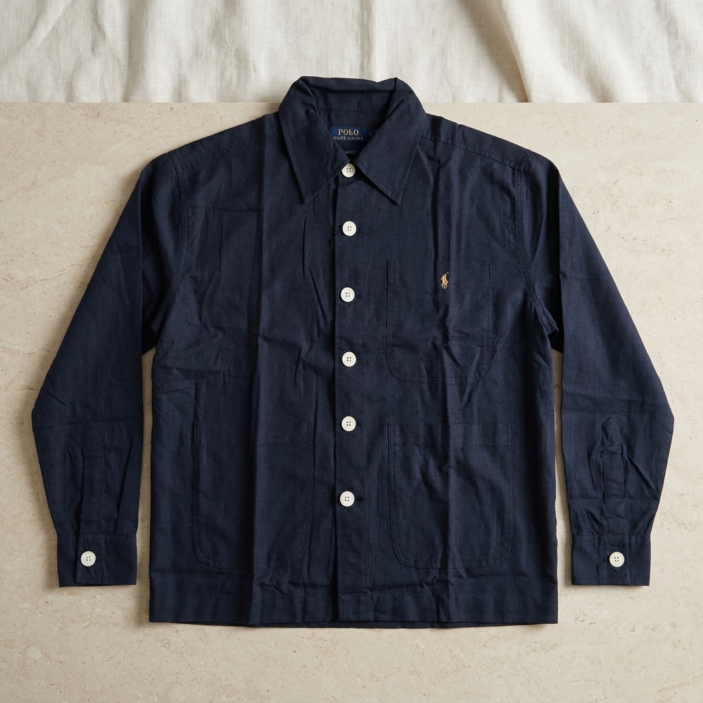 Navy Ralph Lauren linen and Remi blend shacket laid flat