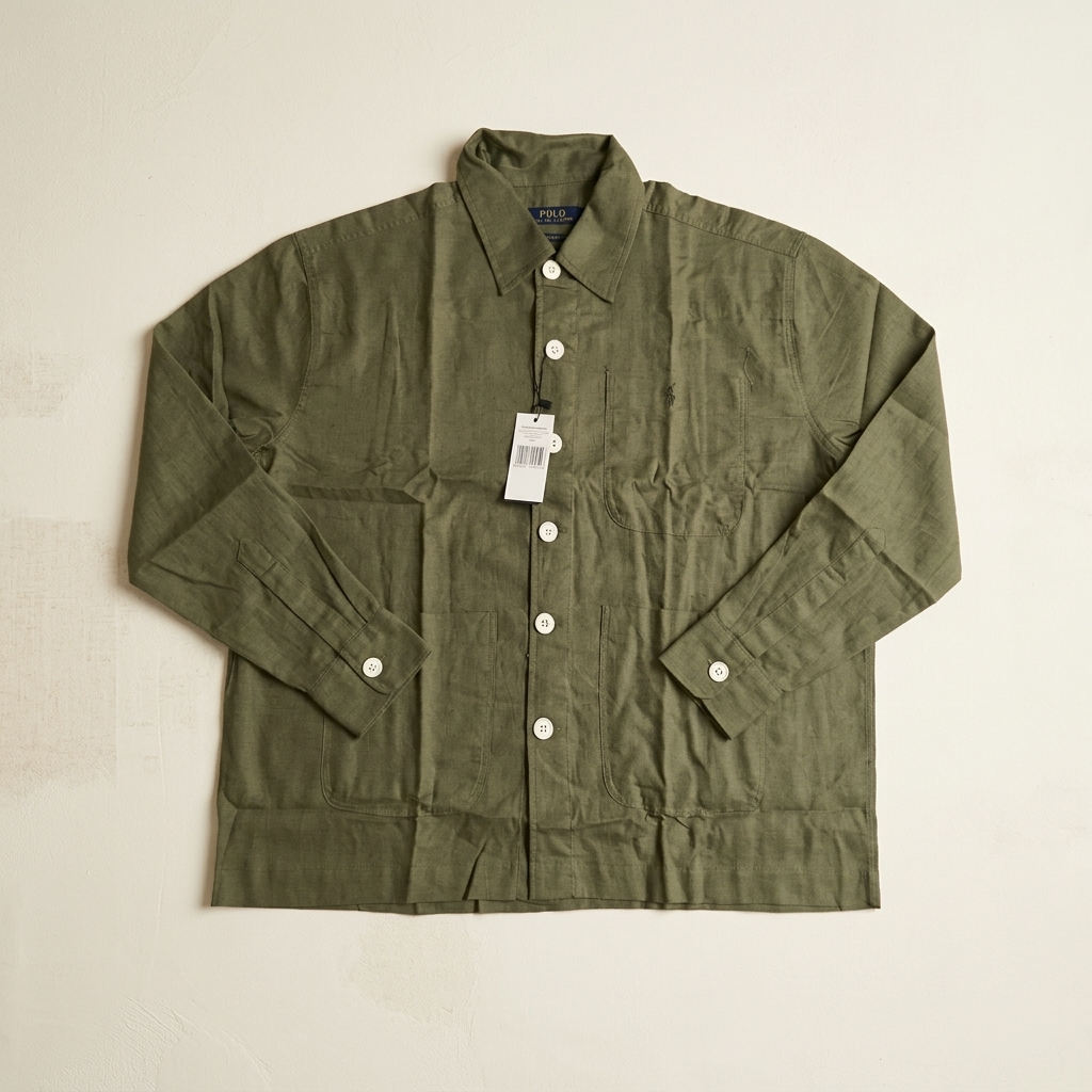 Man wearing an olive Ralph Lauren linen blend shacket with patch pockets