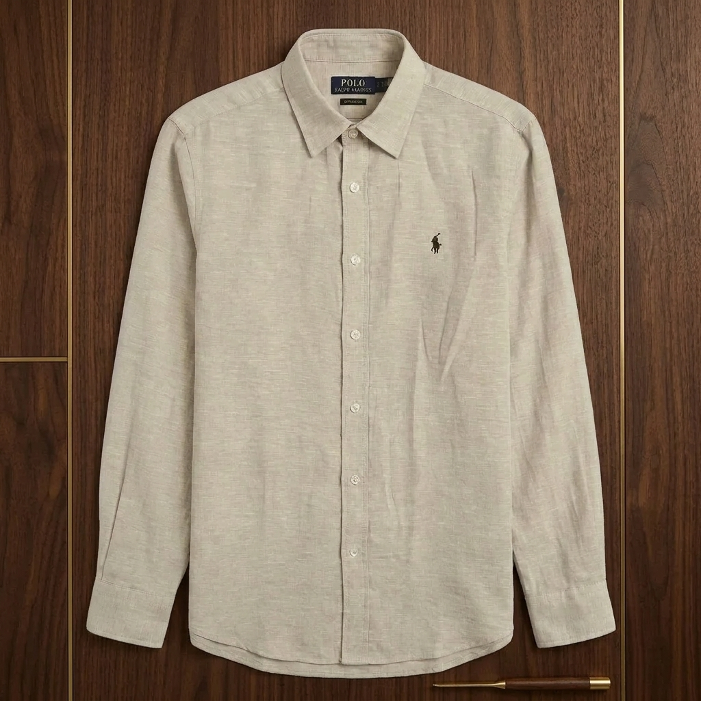 Model wearing a beige Ralph Lauren 100% linen washed shirt indoors