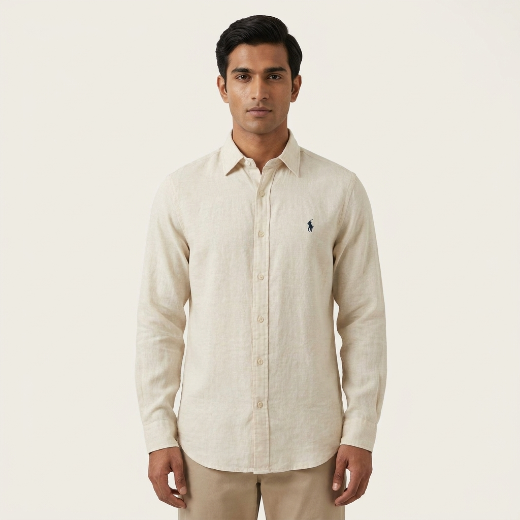Flat lay of an off-white Ralph Lauren 100% linen washed shirt