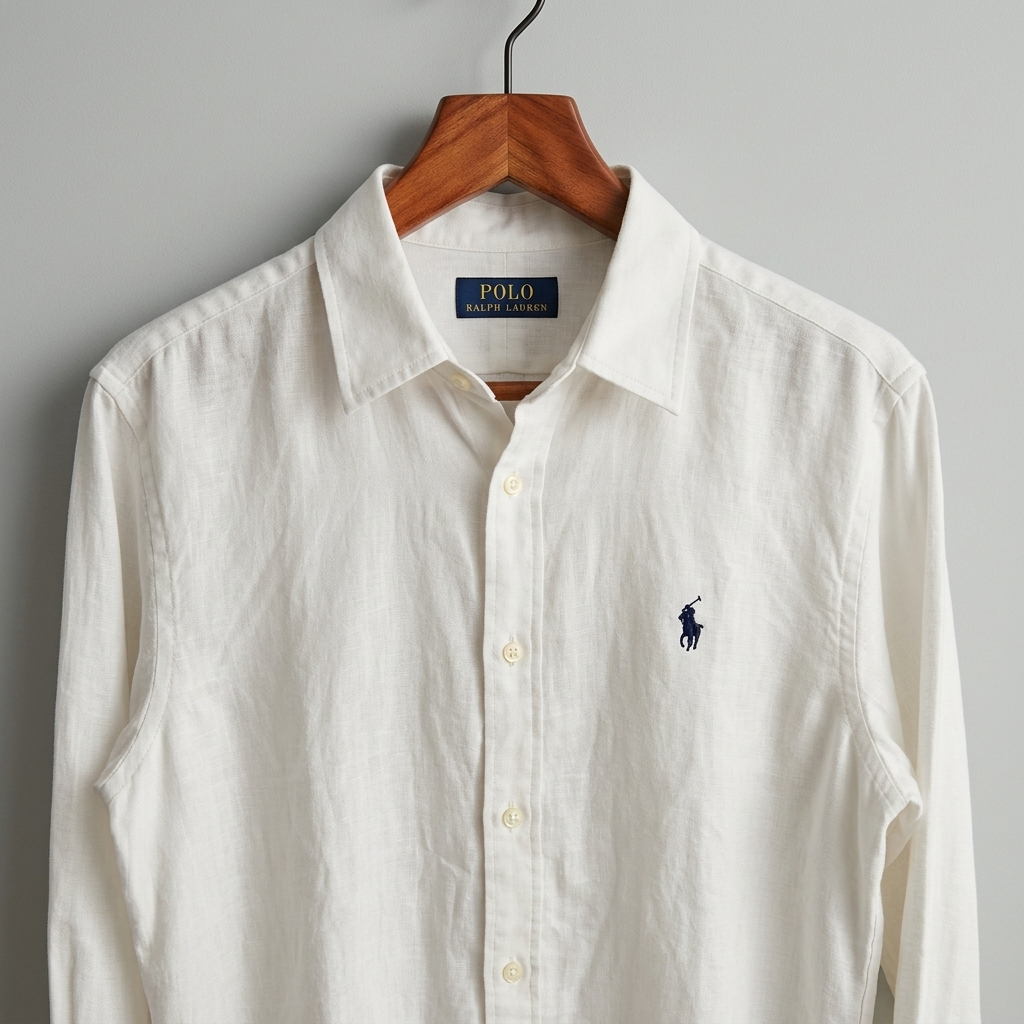 White Ralph Lauren 100% linen shirt laid flat
