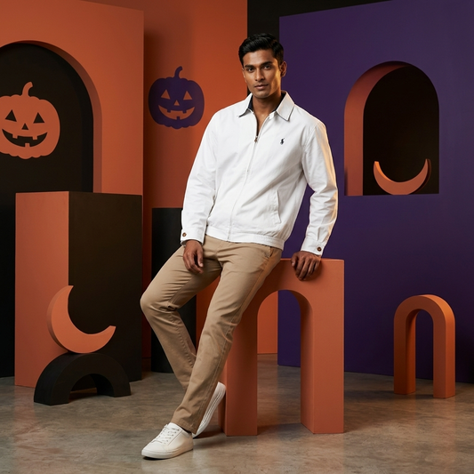 Model wearing a white Ralph Lauren men's jacket outdoors