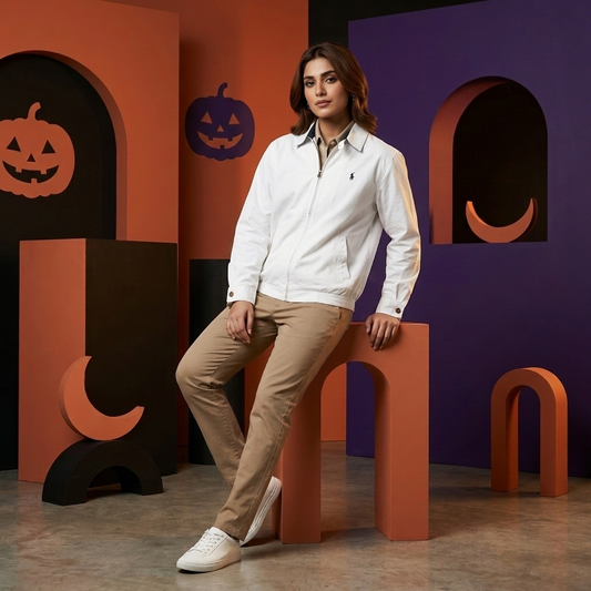 Model wearing a white Ralph Lauren women's jacket against a light background