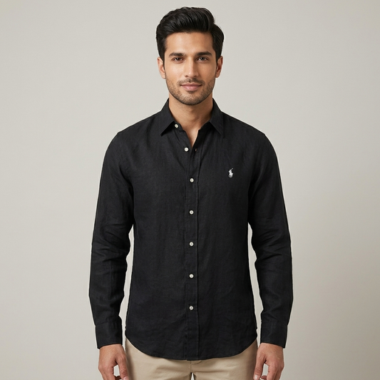 Black Ralph Lauren 100% linen washed shirt laid flat