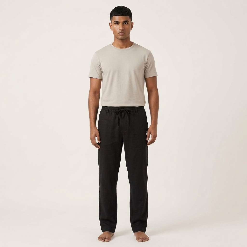 Close front view of black Remi cotton relaxed fit trousers