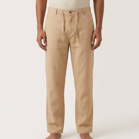 Front view of light brown Remi cotton relaxed fit drawstring trousers