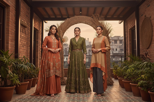 Three Bangladeshi women in modern fusion fashion wearing earthy terracotta, sage green and beige outfits in a Dhaka rooftop setting – Arna Fashion