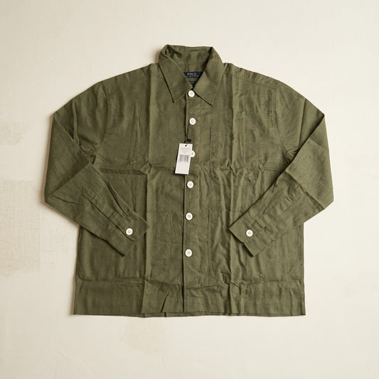 Olive button-up overshirt with three patch pockets, long sleeves, buttoned cuffs and embroidered chest motif