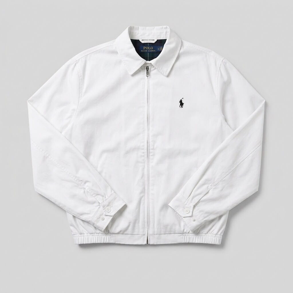 White micro polyester zip-up jacket with point collar, buttoned cuffs and black embroidered chest motif