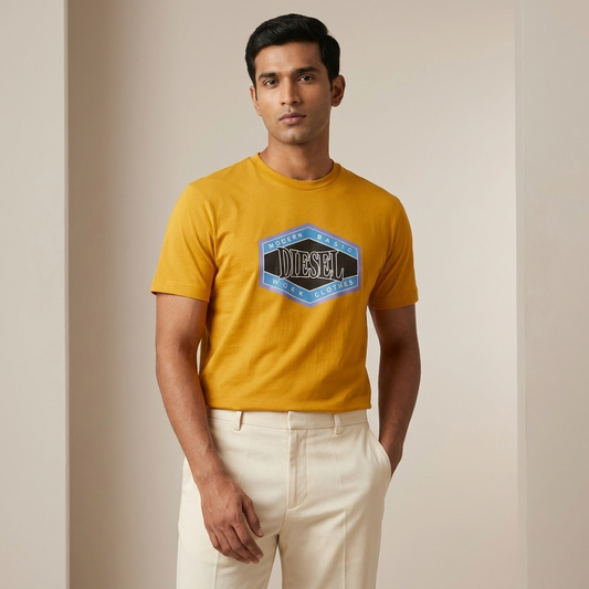 Mustard yellow Diesel DTF print t-shirt flat lay