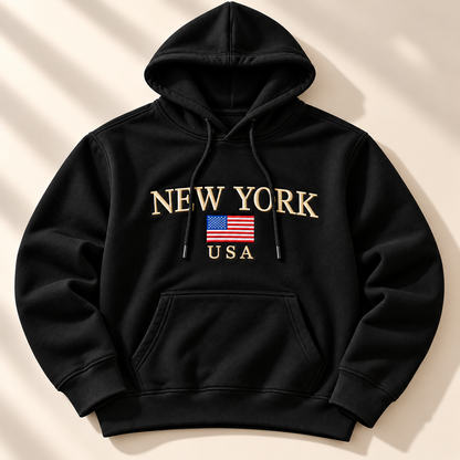 Men’s New York Embroidered Cotton Fleece Hoodie - Black