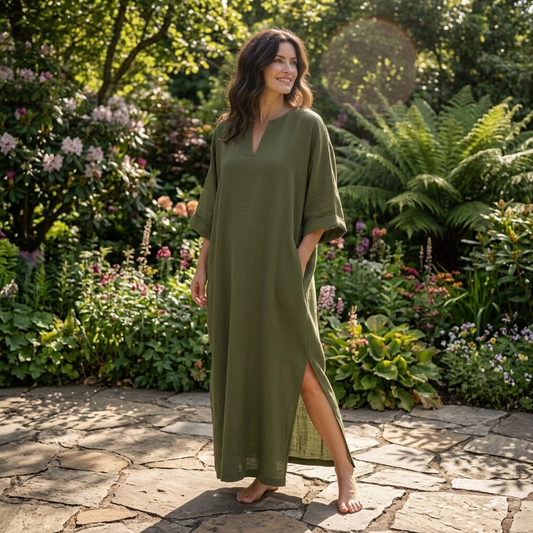 Model wearing an olive green relaxed kaftan dress with a V-neckline and side slits