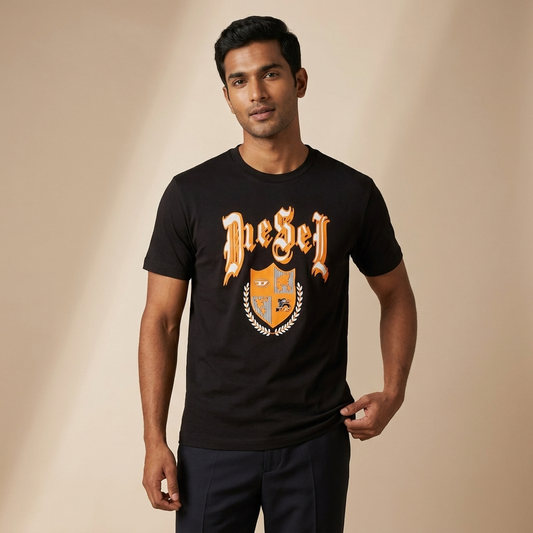 Model wearing black Diesel embossed print t-shirt