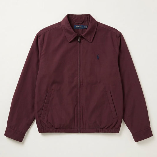 Burgundy micro polyester jacket with point collar, front zip and angled pockets