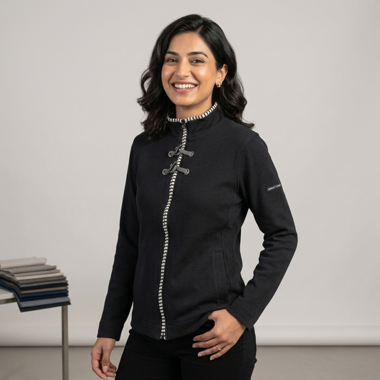 Model wearing a navy ladies jacket in a lifestyle setting