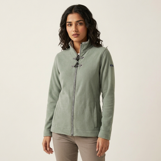Olive ladies jacket laid flat showing zip, collar and pockets