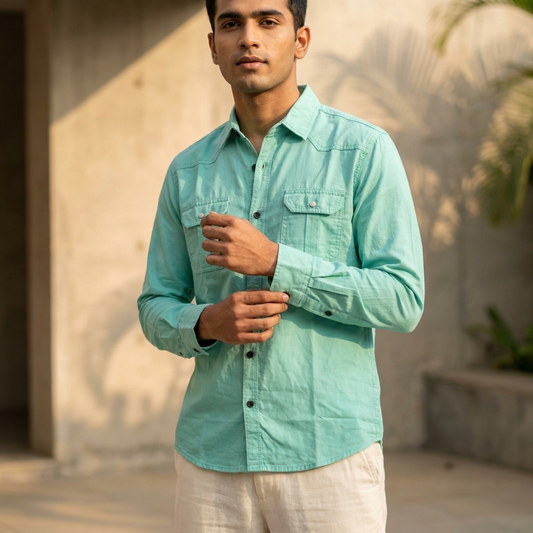 Premium cyan men's Oxford cotton shirt with chest pockets