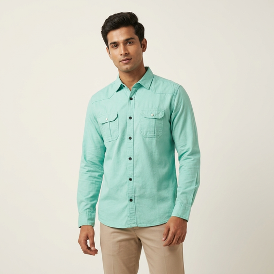 Front view of cyan long-sleeve Oxford cotton men's shirt