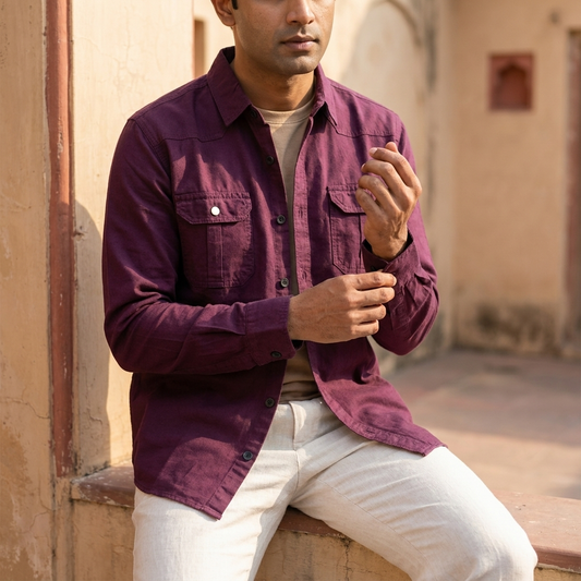 Premium maroon men's Oxford cotton shirt with chest pockets
