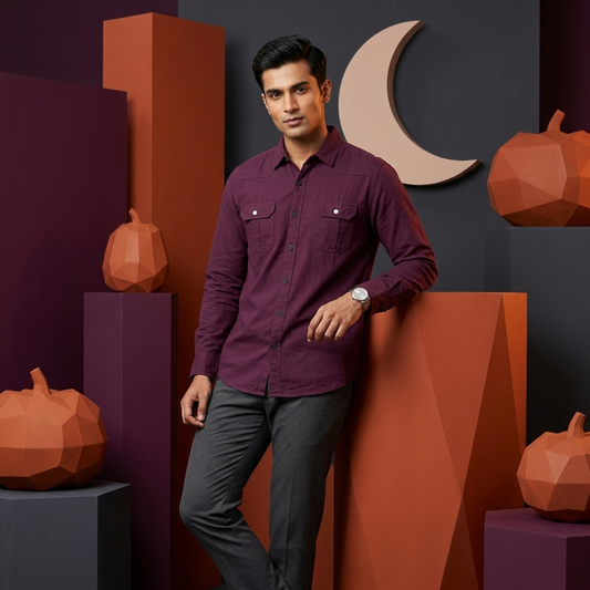 Man wearing a maroon 100% Oxford cotton long-sleeve shirt