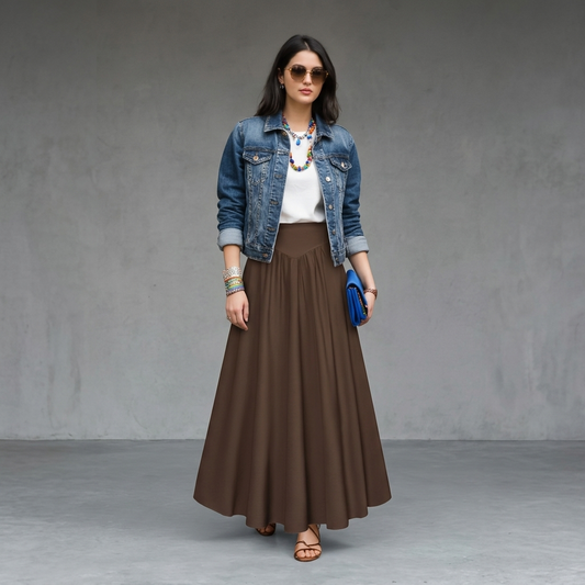 Woman wearing a brown flowing maxi skirt